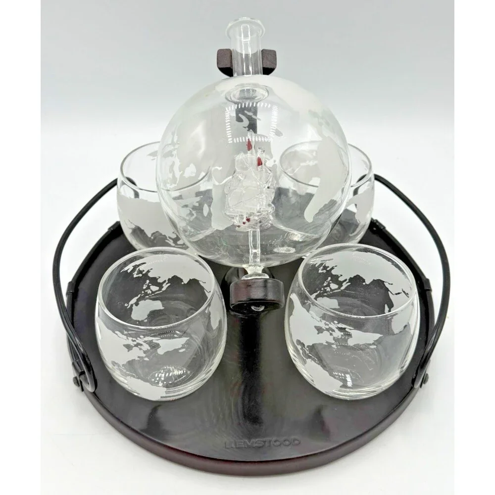 Whiskey Liquor/Wine Decanter Globe World Set Spun Glass Ship 4 Glasses/Tray